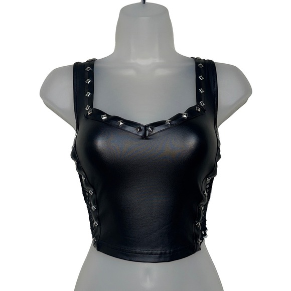 New Small Vegan Leather Goth Sleeveless Mesh Studded Crop Tank Top Bustier - Picture 5 of 5
